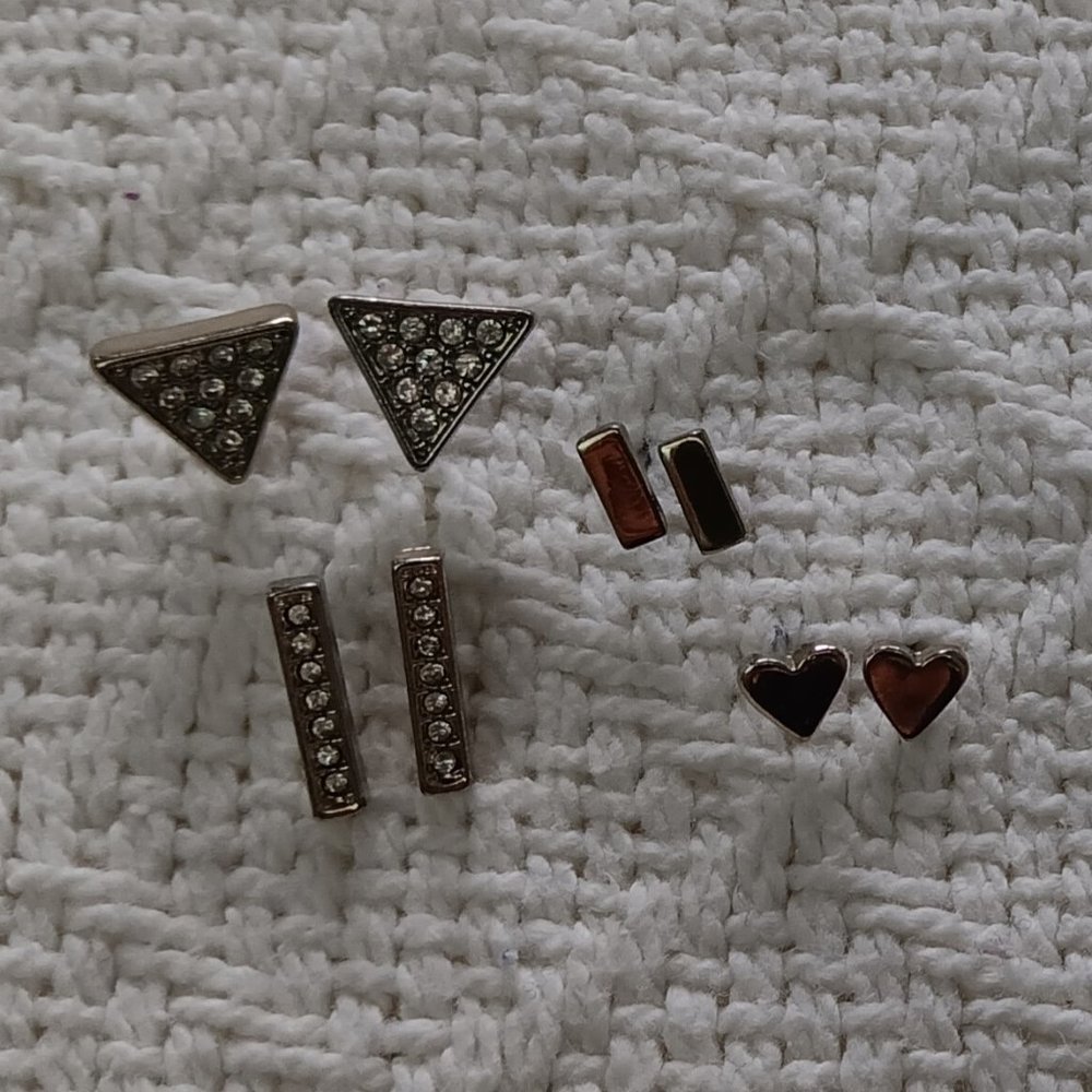 Set of Four Golden Fashion Stud Earrings with Clear Stones Triangles Hearts